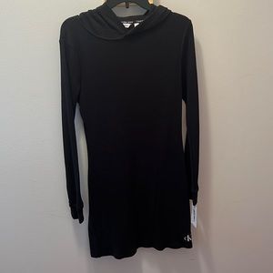NWT Calvin Klein Waffle Knit Long Sleeve Knee Length Hooded Dress -Black -Size L